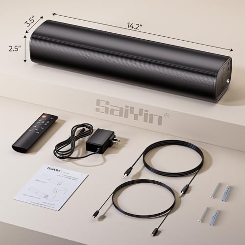 Die Saiyin 40W Soundbar montiert an der Wand unter einem Flachbildschirm mit unsichtbaren Kabeln für minimalistisches...
