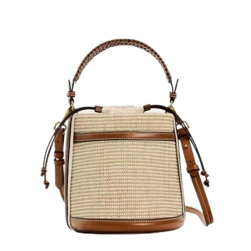 Women's Fashion Woven Bucket Bag Panelled Handbag Shoulder Bag Casual Summer Bag Small Beach Handbag