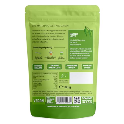 Lebepur BIO Matcha Pulver 100g - Premium-Qualität aus Japan ohne Zusätze - 100% reines Grünteepulver für Matcha Latte, Matchatee, Green Tea, Smoothie - japanischer grüner Tee
