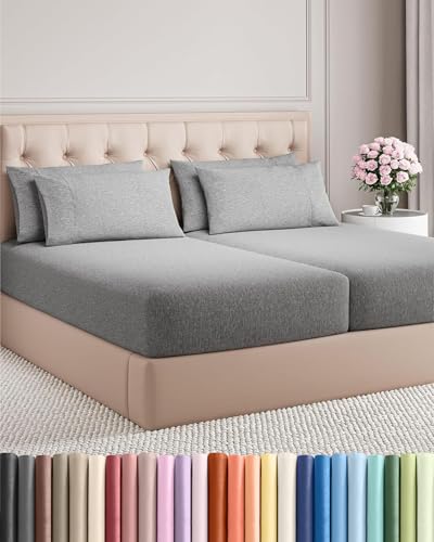 Image of Split King 7 Piece Bed Sheet Set - Breathable & Cooling - Heathered Grey | Ultra-Soft Hotel Luxury Bedding Set w / 8-16 Inch Deep Pockets, 1 Flat & 2 Fitted Sheet & 4 Pillowcases, Wrinkle & Fade Free