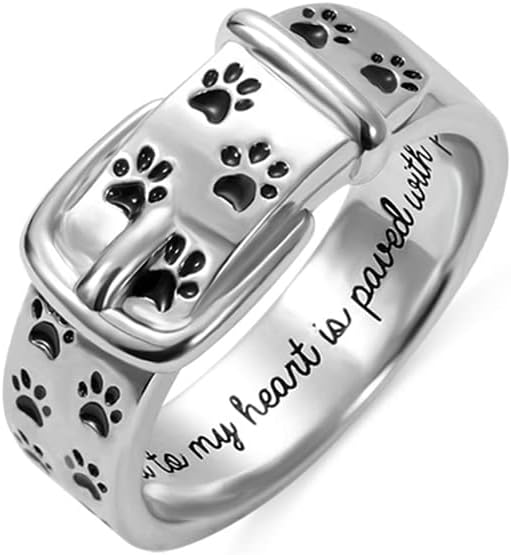 Custom Dog Puppy Cat Paw Print Collar Rememberance Name Ring for Pet Lovers 925 Sterling Silver Ring with Personalised Name Engraving Gift for Women Girls