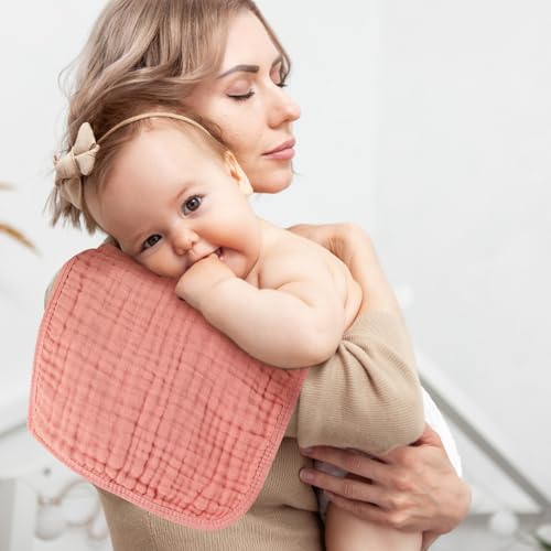 Image of MIGIOL Baby Burp Cloths 100% Cotton Newborn Muslin Burp Cloths 10x20 inches Baby Essentials White & Pink 6-Pack