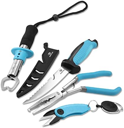 MOSSY OAK 4pc Fishing Tool Kit - Pistol Grip Fishing Pliers, Fish Fillet Knife, Fishing Gripper, Line Snip, Fly Fishing Retractor with Retractable Lanyard