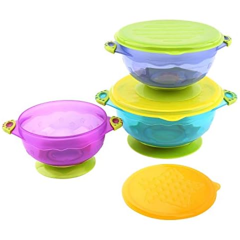 Colorful Baby and Toddler Bowls with Suction Seal-Easy Lids to Prevent Tipping Out & Spilling and Attract Babies to Eat by Themselves - Set of 3 Size 10.9 x 5.9cm(S) 12 x 6.7cm(M) 14 x 7.2cm(L) Cover