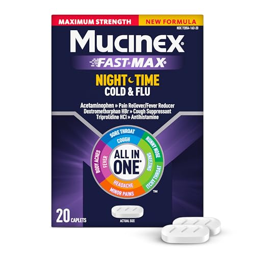 Mucinex Nightshift Cold & Flu, Maximum Strength Powerful Multi-Symptom Nighttime Relief, 20 Fast Release Caplets - Pain Reliever/Fever Reducer, Cough Suppressant, Antihistamine