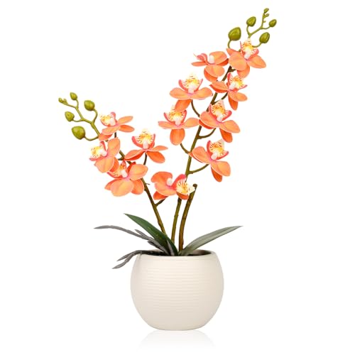 Olrla Künstliche Orchidee mit orangefarbenen Blüten in weißem Topf, Real...
