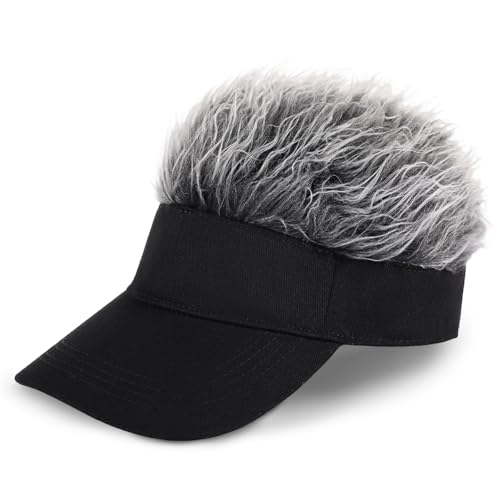 Regilt Adjustable Sun Visor Hat with Wig Spiked Hairs Fashion Baseball Golf Cap for Men & Women (Black+Grey Hair)