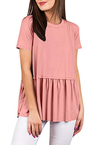 Women's Short Sleeve Summer Loose T Shirt Peplum Hem Cute Pleated Cotton Casual Tunic Top Light Pink M
