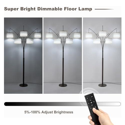 Image of Dimmable Floor Lamp - Arc Floor Lamps for Living Room, 4000LM Super Bright Modern Tall Standing Lamp with Black Shades & Heavy Base, Mid Century Tree Floor Lamp for Bedroom Office