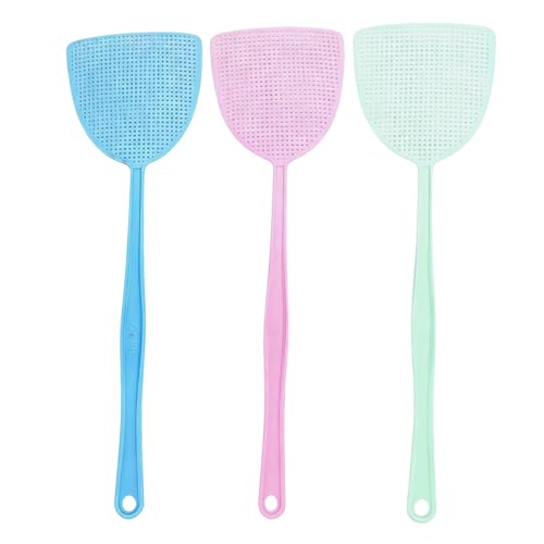 Jeyzuroa 3pcs Fly Swatter, 16.54 Inch Flexible Long Handle Fly Swat Set, Plastic Manual Mosquito Pest Swatters for Kitchen, Baby Nursery, Camping & Outdoor Activities, 3 Colors