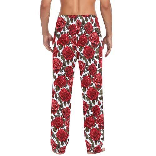 Men's Red Roses Pajama Pants with Pockets,Cotton Sleep Lounge Pant Men Pajama Bottoms S4