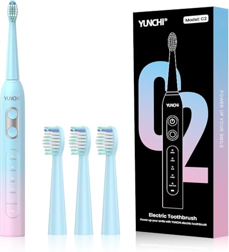 YUNCHI C2 - Cepillo de dientes eléctrico para adultos con 4 cabezales de cepillo, recargable con 5 modos, color azul