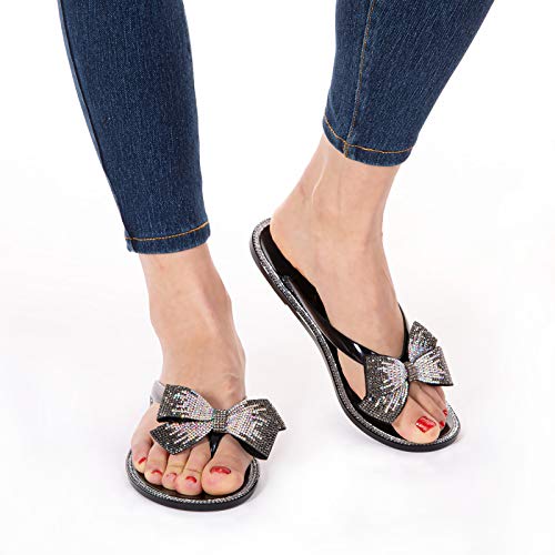 Mtzyoa Women Flip Flops Bow Flat Sandals Bling Rhinestone Black Size 7.5 Beach Jelly Cute Ladies Summer Glitter Sandals thumb #3