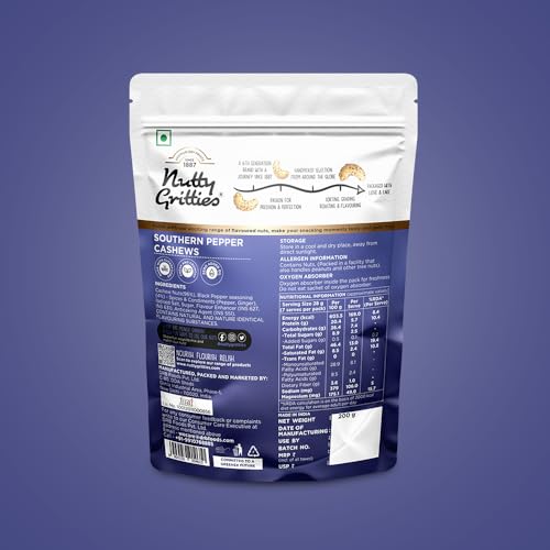 Image of Nutty Gritties Premium Jumbo Size Southern Pepper Cashew Nuts 200g, Natural Flavoured Whole Cashew | W240 | Zero Breakage | Resealable Pouch