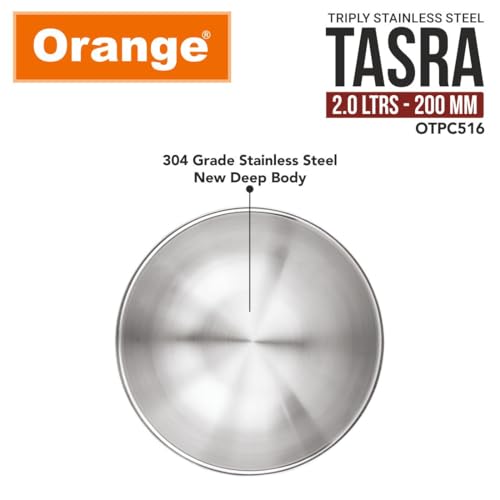 Image of Orange Stainless Steel (Triply Tasra Without Lid, 2.0 LTR, 20cm) 3 Layers Kadai | Heavy Bottom | 2.5mm Thickness | Multi-Purpose & Durable | Induction and Gas Stove Friendly | 5 Year Warranty, Silver
