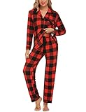 Anjue Christmas Pajama Set Womens Red Sleepwear Long Sleeve Sleep Shirt with Pants Set Plaid Pajamas(Black Plaid,L)