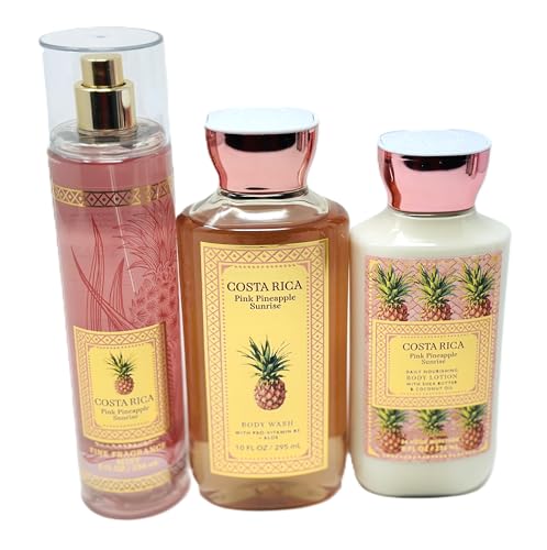 PINK PINEAPPLE SUNRISE COSTA RICA 3 pcs bundle gift set fine fragrance mist 8 fl oz daily nourishing body loiton 8 fl oz body wash 10 fl oz from bath and body (Packaging Varies)