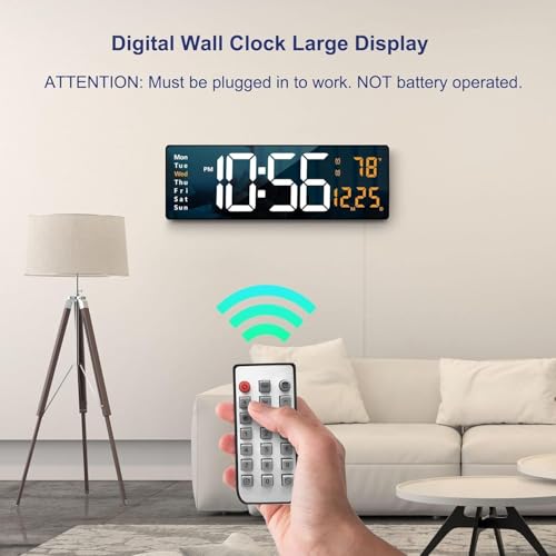 Image of Digital Wall Clock, Digital Clock Large Display, Dual Alarms, Automatic Brightness Dimmer- Easy Track The Time, Date, Day of Week and Temperature, with Remote Control (16 inch Rectangle White & Orenge)