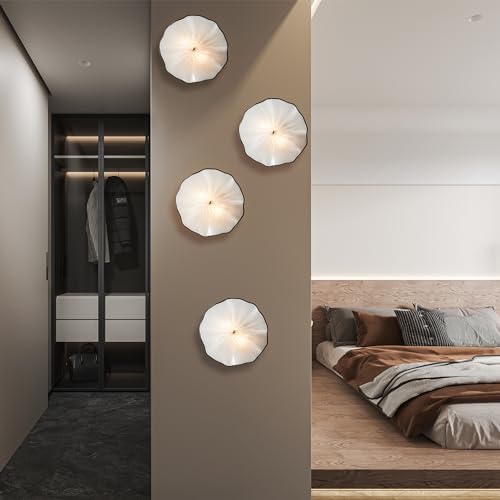 Image of White Glass Wall Light Dia 12 inch Wall Lamp with Murano Glass Shade Vintage Vanity Lighting Fixture with Metal Base Flush Mount Wall Sconce 2-Light for Bathroom, Bedroom, Bedside, Entryway
