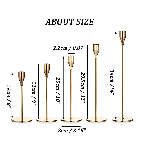 Gold Candlestick Holders For Taper Candle - Set Of 5 Tall Metal Candle Stick Holder Bundle For Wedding Centerpiece Party Events Christmas Holiday Dinning Table Bridal Showers Home Mantel Decorations #TOP4
