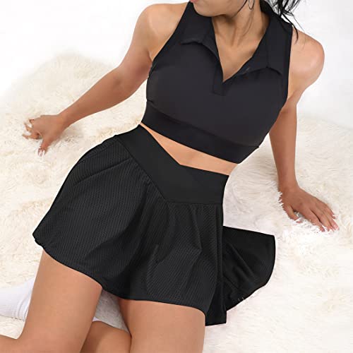 SUUKSESS Womens Pleated Tennis Skirt Crossover High Waisted Mesh Mini Skirt Athletic Golf Skorts (Black,M)