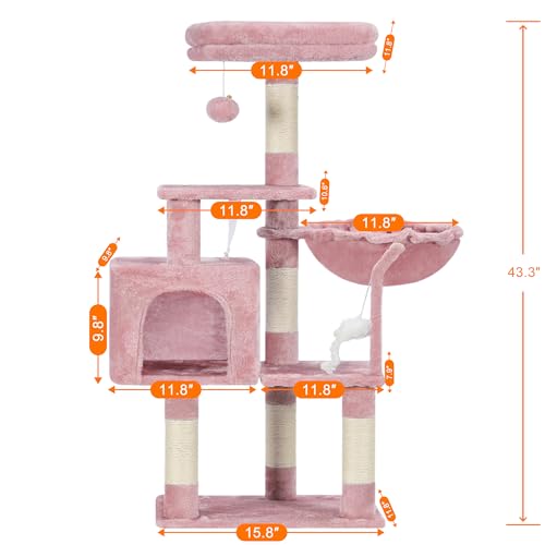 Image of Heybly Cat Tree with Toy, 43.3 inch Cat Tower condo for Indoor Cats, Cat House with Padded Plush Perch, Cozy Hammock and Sisal Scratching Posts, Skin Pink HCT004SP
