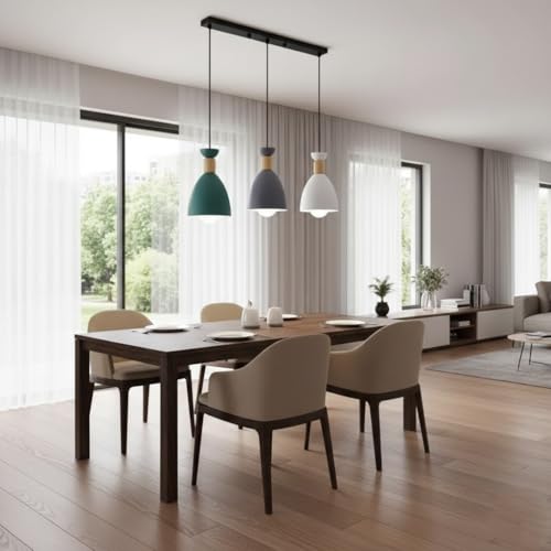 Image of DECOHOME Modern 3-Light Pendant Ceiling Lamp | Minimalist Multi-Color Hanging Lights with Wooden Accent | Stylish Linear Design for Dining Table, Kitchen Island & Living Room Decor