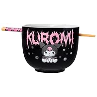 Silver Buffalo Sanrio Kuromi Metal Logo Ceramic Ramen Bowl with Chopsticks, 20 Ounces