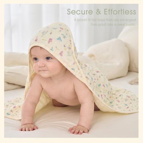 Image of Muslin Baby Hooded Towel, Wildflower Floral, 32 inchx32 inch | 70% Organic Cotton & 30% Viscose from Bamboo, 6-Layer Fabric, Soft for Bath & Beach, Eco Kraft Gift Box