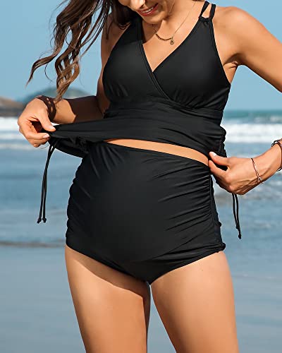 Charmo Pregnancy Strappy V Neck Retro 2 Piece Bathing Suit High Waist Ruched Swimsuits Modest Drawstring Maternity Tankini Black L #TOP1