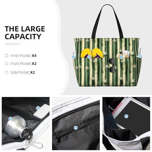 Large Beach Bags for Women Sandproof - Cactus Vertical Stripes Print Summer Work Travel Tote Bags with Zipper3
