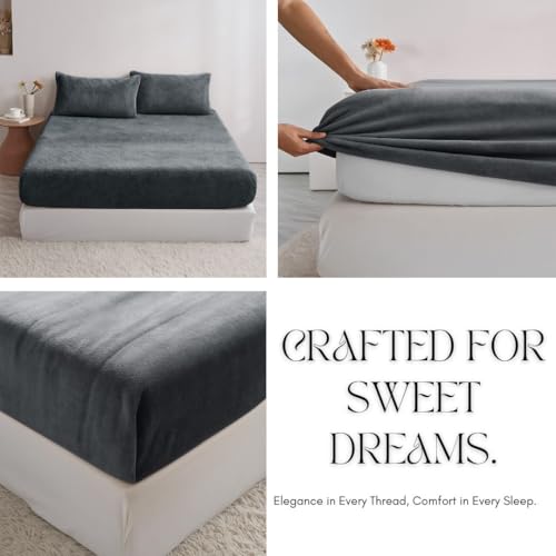 Image of VAS COLLECTIONS Luxury Warm Winter Elastic Fitted Bedsheet with 2 Pillow Covers - Ultra Soft Flannel Velvet Touch, Cozy & Wrinklefree lintfree Size - 78x72+10 Inches (Dark Grey)