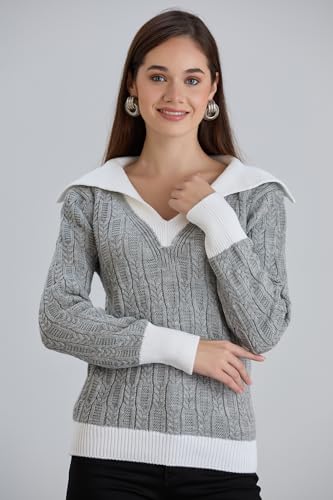 Image of Sweaters for Women Fashion Long Sleeve Lapel Collar V Neck Casual Knit Color Block Pullover Sweater