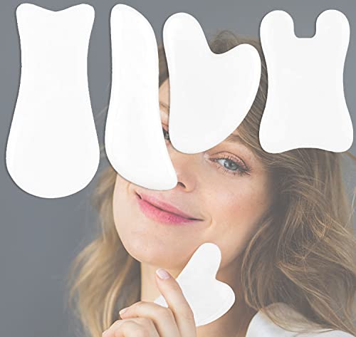 4 Pcs Gua Sha Massage Tool, Natural Jade Gua Sha Board Gua Sha Facial Tools Jade Gua Sha Stone, Face Sculpting Tool Muscle Scraper Tool for Face, Eye, Neck, Body Skin (White)