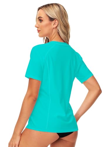 Image of AOBUTE Women Zip Rash Guard UPF 50+ Gradient Short Sleeve Swim Top Surf Shirts