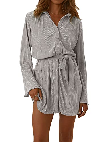 LYANER Women's Collar V Neck Button Down Pleated Long Sleeve Mini Shirt Dress with Belt