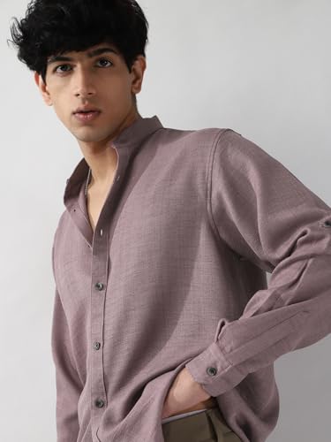 Image of Urbano Fashion Men's Linen Blend Full Sleeve Relaxed Fit Mandarin Collar Casual Solid Shirt