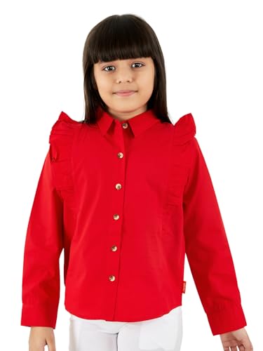Image of olele Girls Full Sleeve Ruffles Cotton Linen Shirt - White for 4 to 14 Years | Kids Girl White Shirt | White Ruffle Shirt for Girls | Shirt Jeans