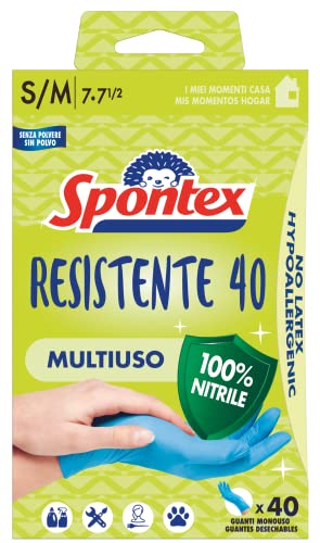 Spontex Guanti Monouso Resistente 40, Guanti in Nitrile Ipoallergenici, 40 Pezzi, Taglia S/M