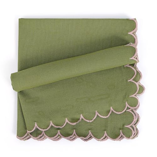 Image of FINGERCRAFT Scallop Edge Cloth Napkins | Set of 6 | 20x20 Inches | 100% Cotton | Table Napkins for Any Occasion | Washable, Perfect for Parties and Everyday Use (Olive Slub, Set of 6)