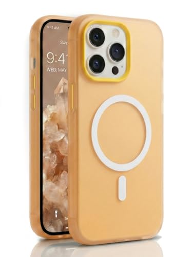 Image of amazon basics Luxury MagSafe Compatible Magnetic Case for iPhone 15 Pro | Soft Touch Matte Pastel Finish | Shockproof Back Cover with Camera Protection (Orange)