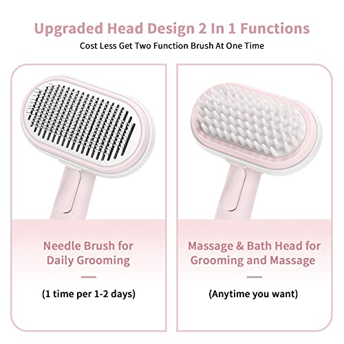 Cat Brushes For Indoor Cats, 2 In 1 Self Cleaning Slicker Brush For Shedding Long Short Haired Dogs, Cat Grooming Brush With Massage, Removes Mats, Tangles, Loose Fur Hair For Large Small Pets, Pink #TOP1