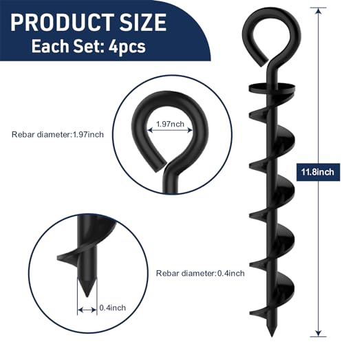 Image of Eurmax USA 4 Pack Heavy Duty Ground Stakes,Industrial Grade Spiral Steel Screw-In Anchors with 4 Bonus Tie-Down Ropes,High Wind Stabilizing Kit for Trampolines,Dog Tie-Out,Canopies,Outdoor Sheds,Black