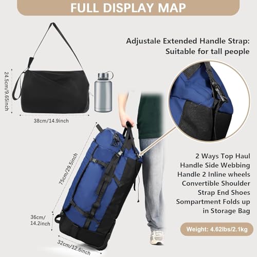 Rolling Duffle Bag with Wheels,86L 30”Carry on Luggage with Wheels,Folding Travel Bag,Duffle Backpack with Separate Shoe Compartment (dark blue) - Image 6