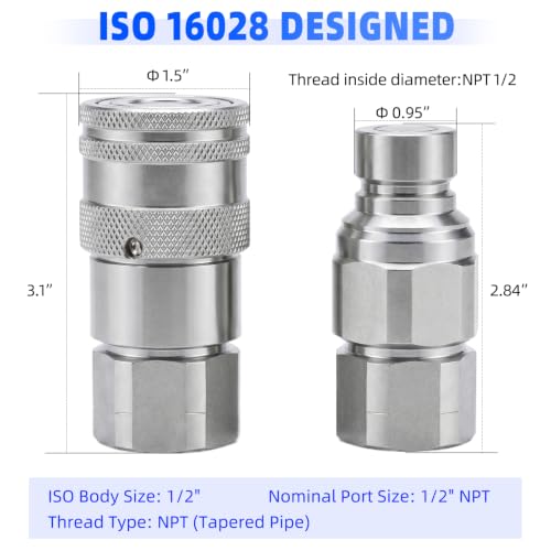 Image of 1 /2'' NPT Flat Face Hydraulic Quick Connect Couplers /Couplings Set w /Dust Caps ISO 16028 Standard, Skid Steer Bobcat 1 /2 Body Quick Disconnect 2Set