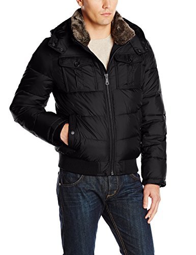Tommy Hilfiger Men's Nylon Hooded Puffer Bomber Jacket, Black, Large