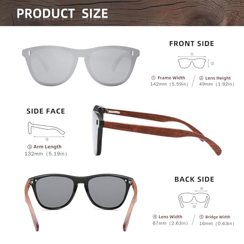 KINGSEVEN Wooden Sunglasses Polarized UV 400 Protection Mirrored Lenses Ultra Light Bubinga Frame B-55044