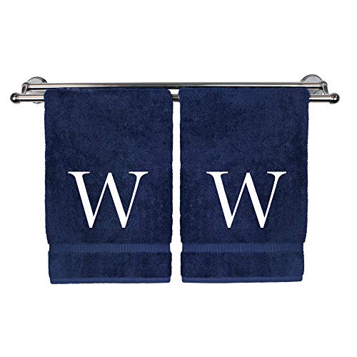 Monogrammed Hand Towel, Personalized Gift, Set of 2- White Block Letter Embroidered Towel - Extra Absorbent 100% Turkish Cotton - Soft Terry Finish - Initial W Navy