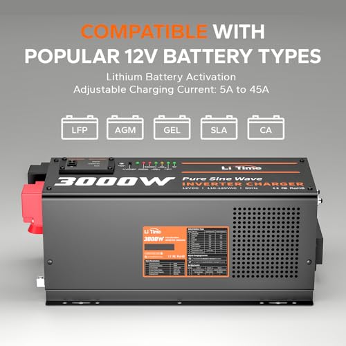 Image of LiTime 3000W Pure Sine Wave Inverter Charger, LCD Display 12V DC to 120V AC