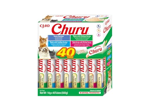 INABA Churu - 4 Sabores Puré de Marisco y Atún - Deliciosos Snacks para Gatos - Textura Suave y cremosa - Comida para Gatos - 40 Tubos x 14g
